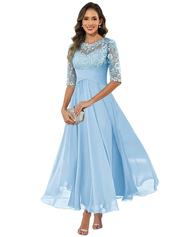 Olanthe Evening Dress for Women – Lace & Chiffon, 3/4 Sleeves & Elegant A-Line Cut