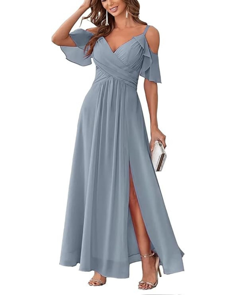 Georgia Long Dress for Women – Off-Shoulder Chiffon, V-Neck & Elegant A-Line Cut