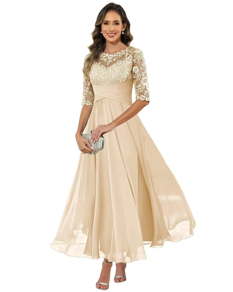 Olanthe Evening Dress for Women – Lace & Chiffon, 3/4 Sleeves & Elegant A-Line Cut