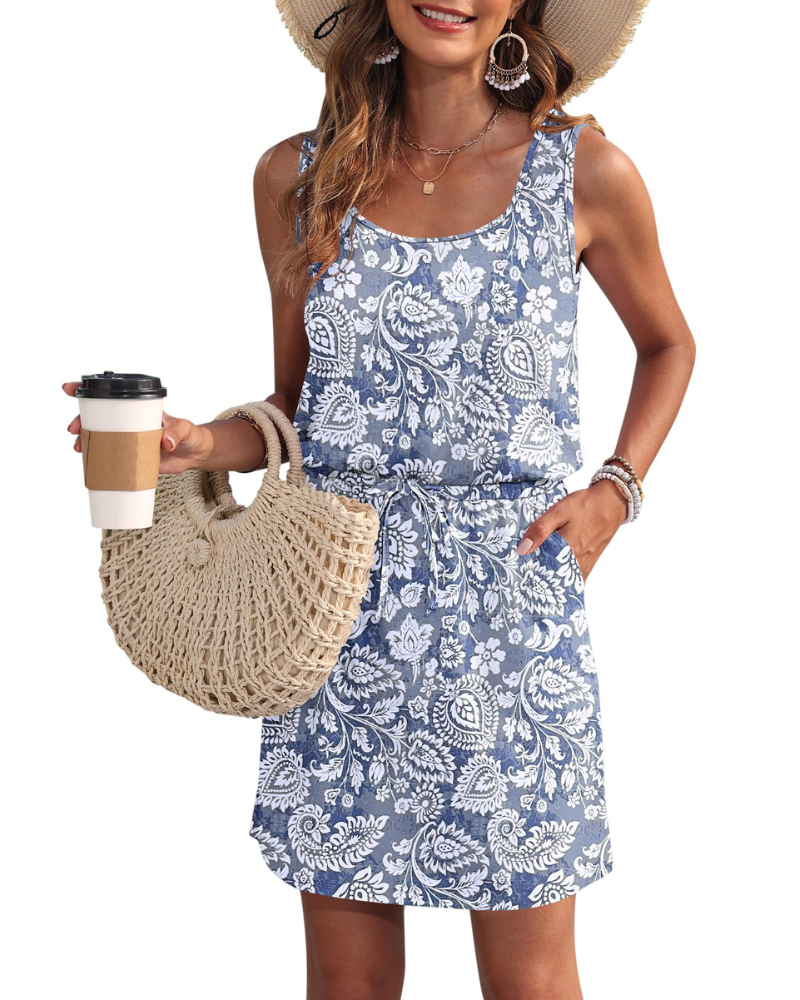 Fiorielle Dress for Women – Sleeveless Round Neck, Adjustable Waist & Pockets, Flowy Summer Cut