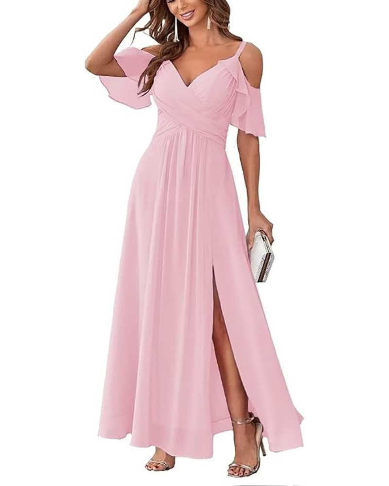 Georgia Long Dress for Women – Off-Shoulder Chiffon, V-Neck & Elegant A-Line Cut