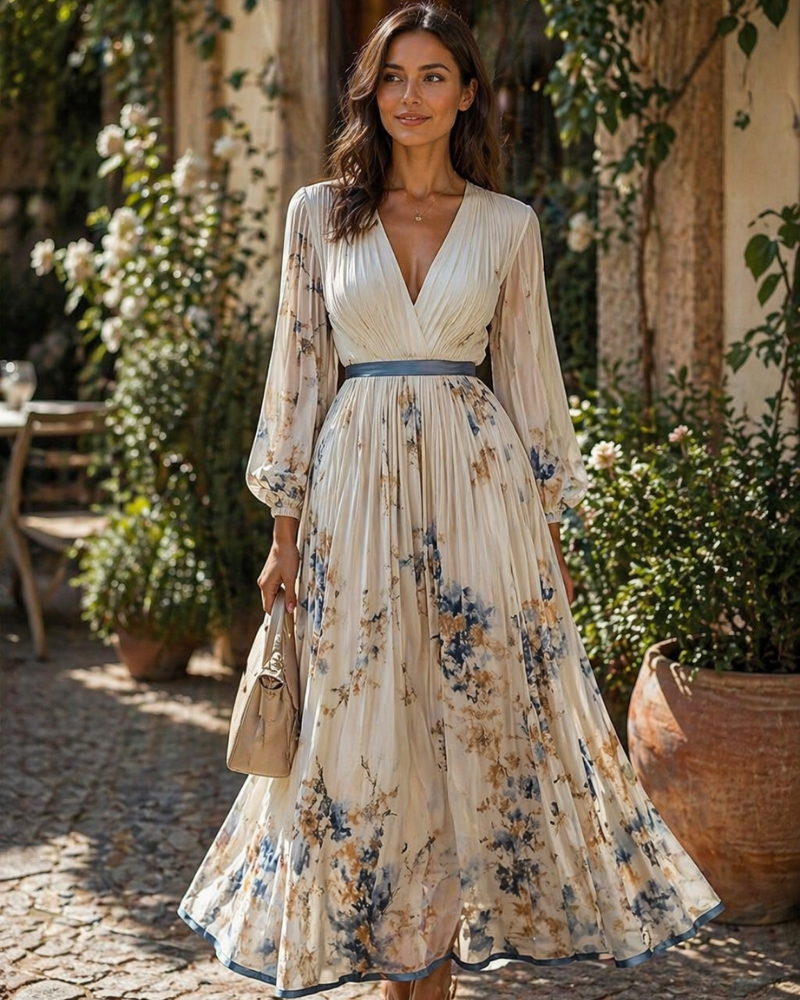 Gemma Long Dress for Women – V-Neck, Long Sleeves & Elegant Flowy Cut, Spring