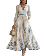 Gemma Long Dress for Women – V-Neck, Long Sleeves & Elegant Flowy Cut, Spring