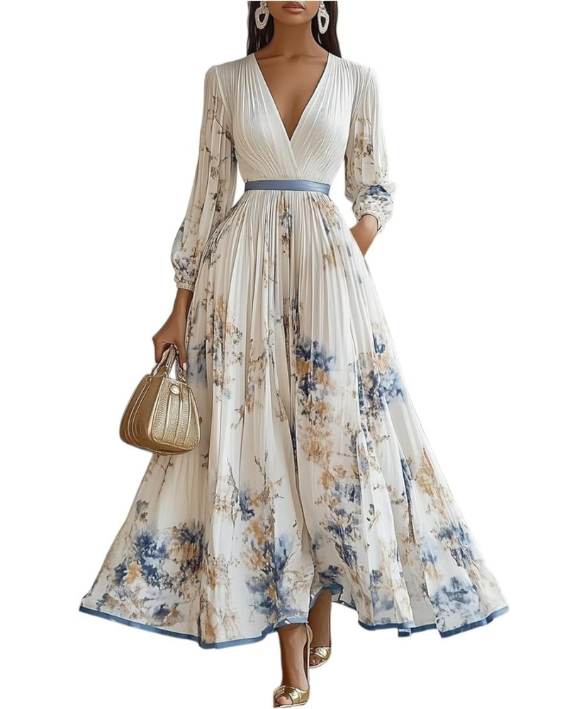 Gemma Long Dress for Women – V-Neck, Long Sleeves & Elegant Flowy Cut, Spring