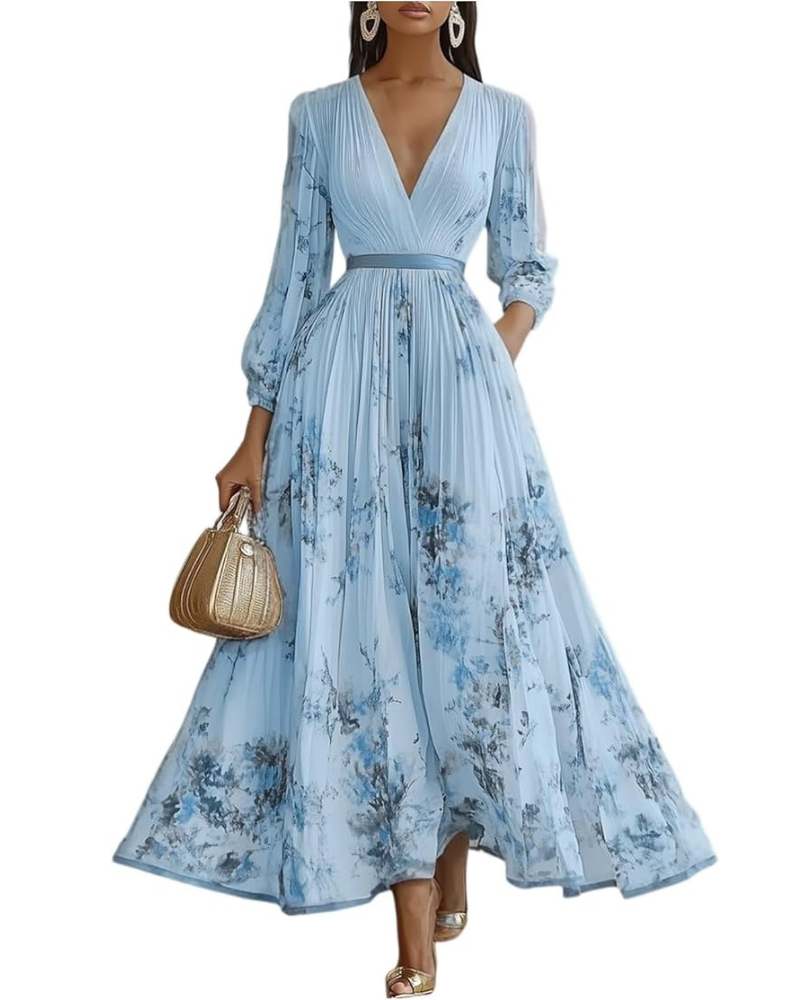 Gemma Long Dress for Women – V-Neck, Long Sleeves & Elegant Flowy Cut, Spring