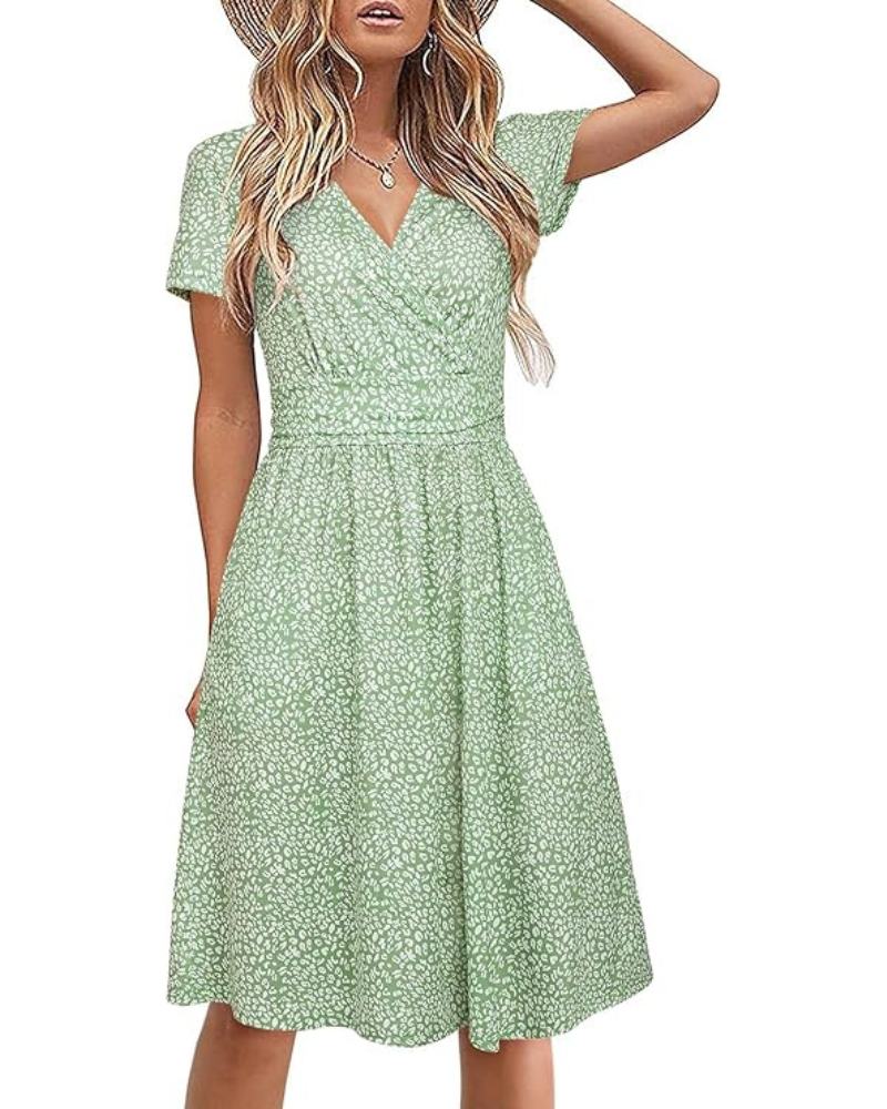 Genesis Dress for Women – Floral Print, Crossover V-Neck & Pockets, Elegant A-Line Cut