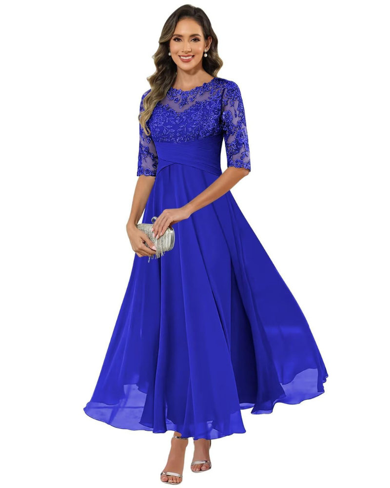 Olanthe Evening Dress for Women – Lace & Chiffon, 3/4 Sleeves & Elegant A-Line Cut