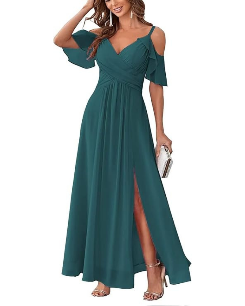 Georgia Long Dress for Women – Off-Shoulder Chiffon, V-Neck & Elegant A-Line Cut
