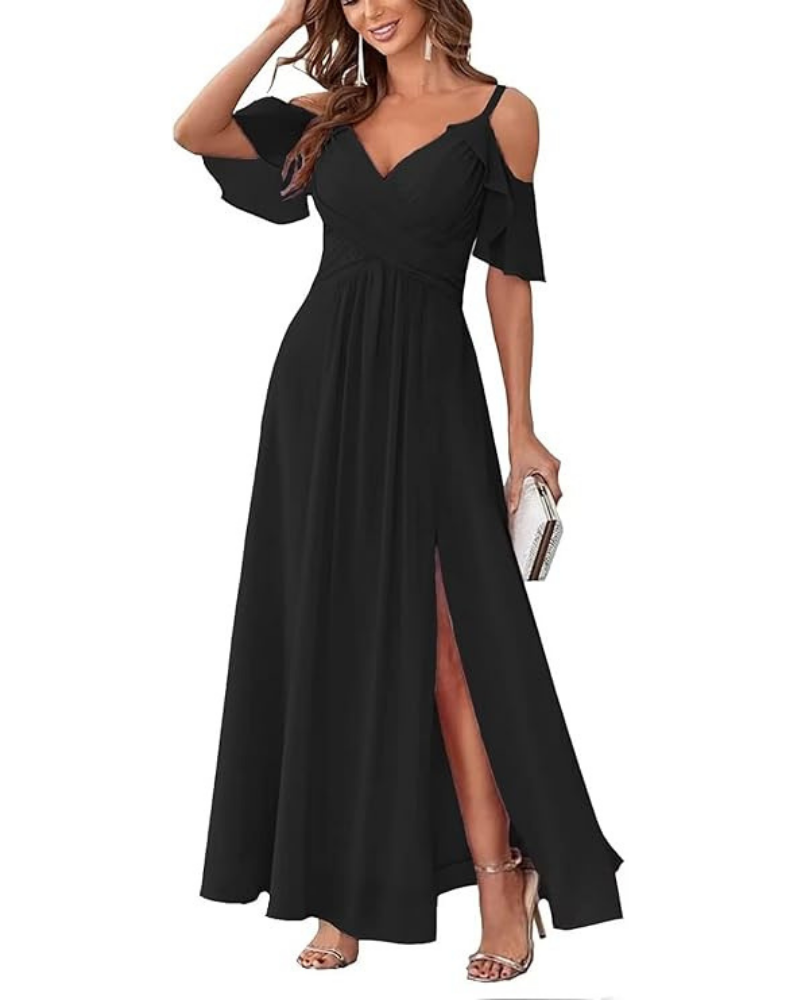 Georgia Long Dress for Women – Off-Shoulder Chiffon, V-Neck & Elegant A-Line Cut
