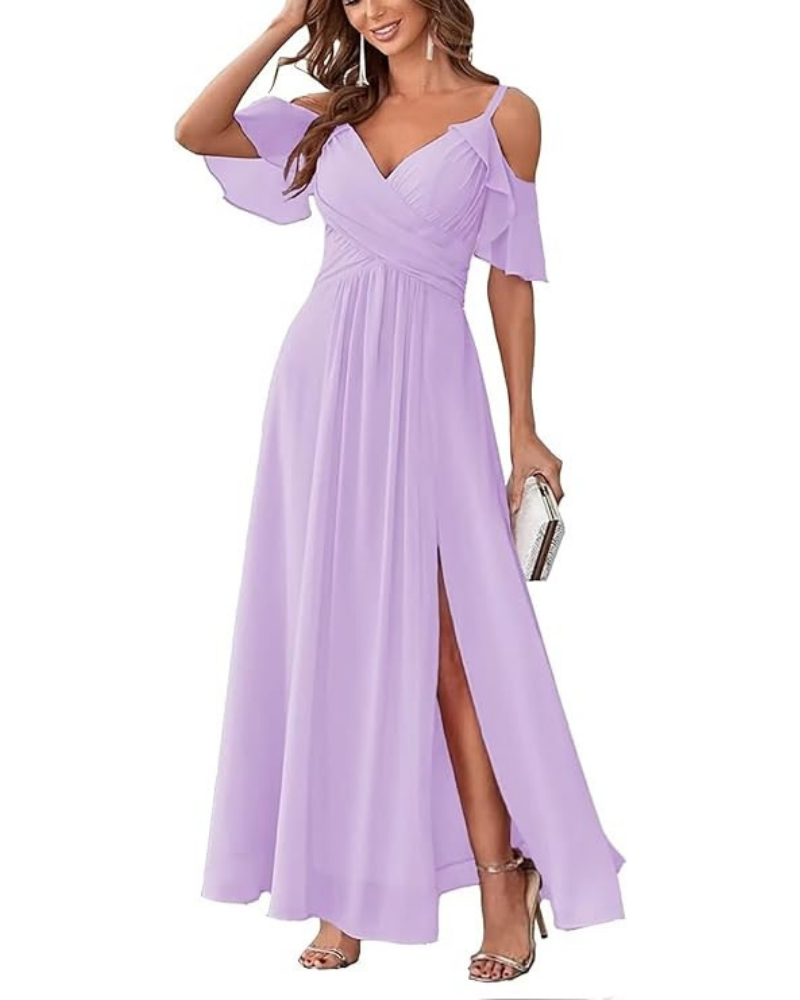 Georgia Long Dress for Women – Off-Shoulder Chiffon, V-Neck & Elegant A-Line Cut