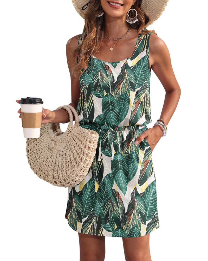 Fiorielle Dress for Women – Sleeveless Round Neck, Adjustable Waist & Pockets, Flowy Summer Cut