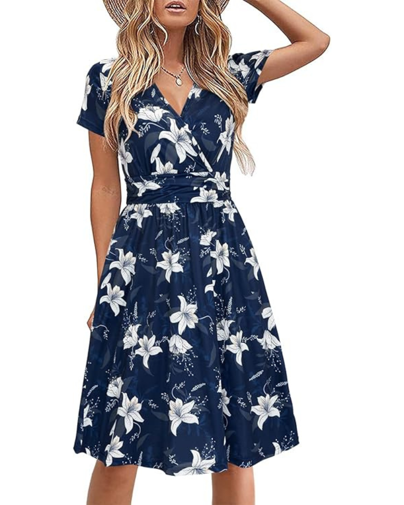 Genesis Dress for Women – Floral Print, Crossover V-Neck & Pockets, Elegant A-Line Cut