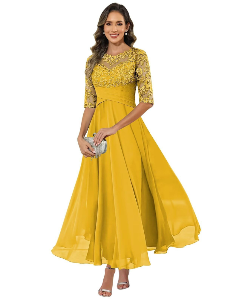 Olanthe Evening Dress for Women – Lace & Chiffon, 3/4 Sleeves & Elegant A-Line Cut