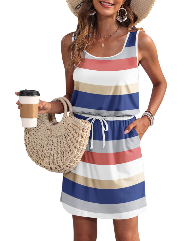 Fiorielle Dress for Women – Sleeveless Round Neck, Adjustable Waist & Pockets, Flowy Summer Cut