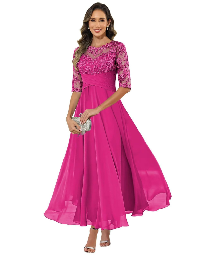 Olanthe Evening Dress for Women – Lace & Chiffon, 3/4 Sleeves & Elegant A-Line Cut