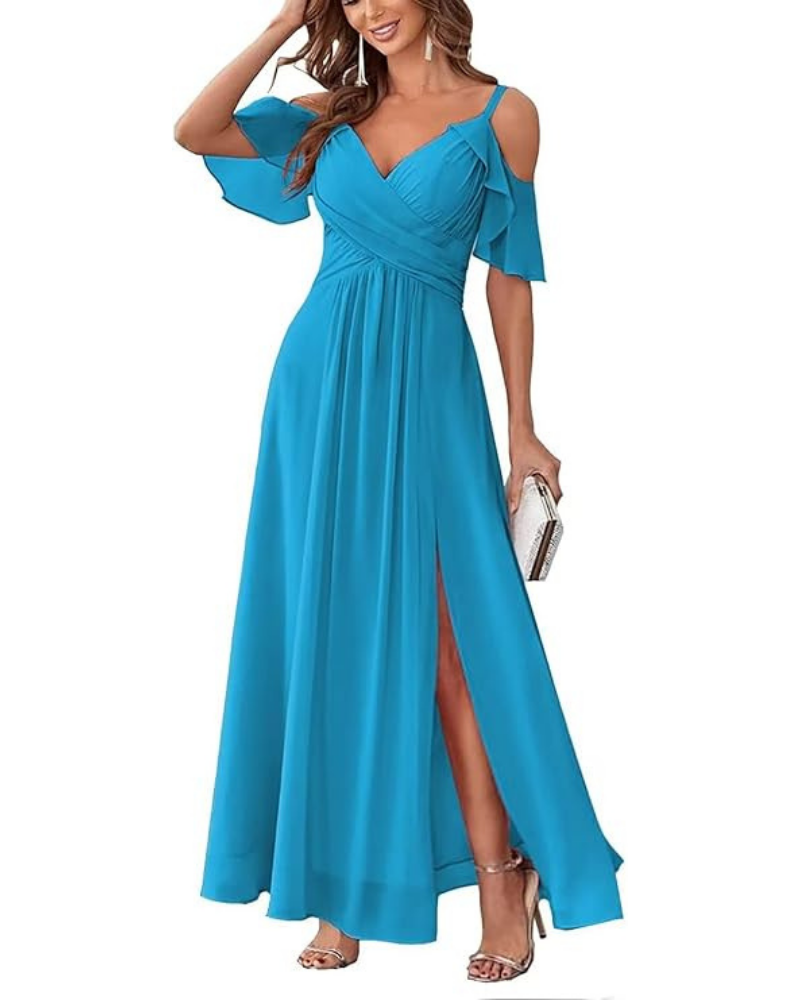 Georgia Long Dress for Women – Off-Shoulder Chiffon, V-Neck & Elegant A-Line Cut