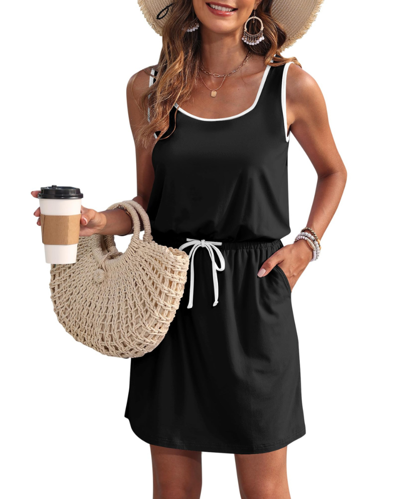 Fiorielle Dress for Women – Sleeveless Round Neck, Adjustable Waist & Pockets, Flowy Summer Cut