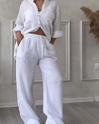 Leonsia Women's Outfit Set – 2-Piece Shirt & Wide-Leg Pants, Casual Chic Style