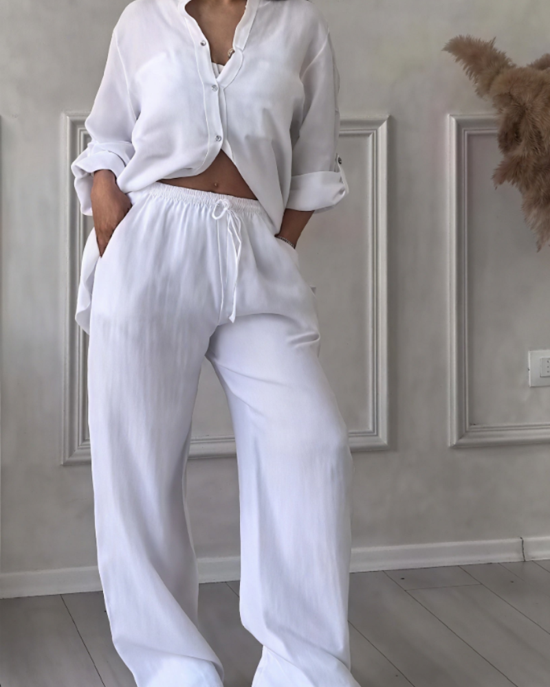 Leonsia Women's Outfit Set – 2-Piece Shirt & Wide-Leg Pants, Casual Chic Style