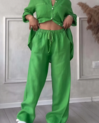 Leonsia Women's Outfit Set – 2-Piece Shirt & Wide-Leg Pants, Casual Chic Style