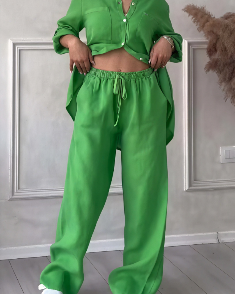 Leonsia Women's Outfit Set – 2-Piece Shirt & Wide-Leg Pants, Casual Chic Style
