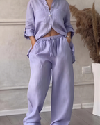 Leonsia Women's Outfit Set – 2-Piece Shirt & Wide-Leg Pants, Casual Chic Style