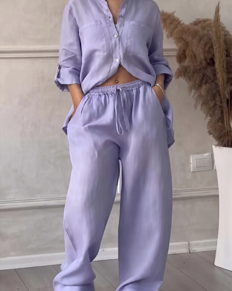 Leonsia Women's Outfit Set – 2-Piece Shirt & Wide-Leg Pants, Casual Chic Style