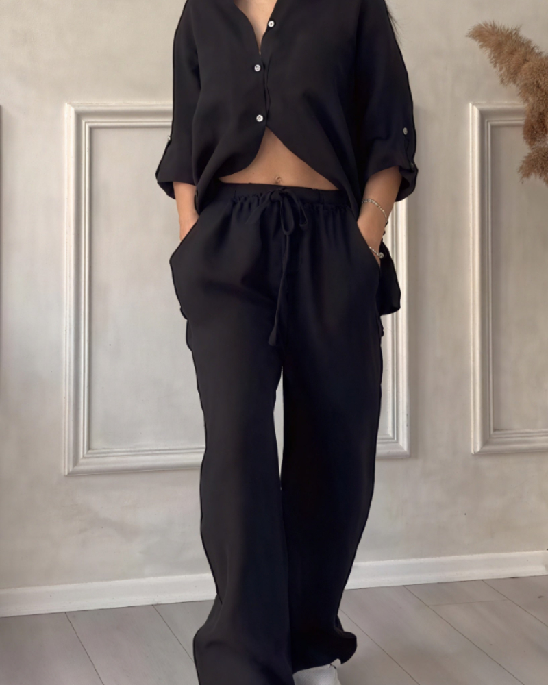 Leonsia Women's Outfit Set – 2-Piece Shirt & Wide-Leg Pants, Casual Chic Style