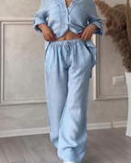 Leonsia Women's Outfit Set – 2-Piece Shirt & Wide-Leg Pants, Casual Chic Style