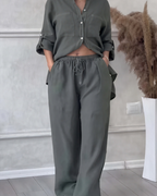 Leonsia Women's Outfit Set – 2-Piece Shirt & Wide-Leg Pants, Casual Chic Style