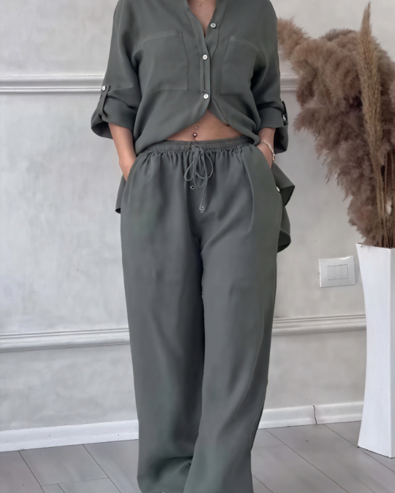 Leonsia Women's Outfit Set – 2-Piece Shirt & Wide-Leg Pants, Casual Chic Style