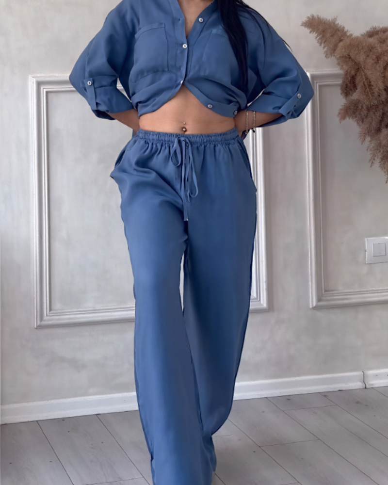 Leonsia Women's Outfit Set – 2-Piece Shirt & Wide-Leg Pants, Casual Chic Style