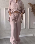 Leonsia Women's Outfit Set – 2-Piece Shirt & Wide-Leg Pants, Casual Chic Style