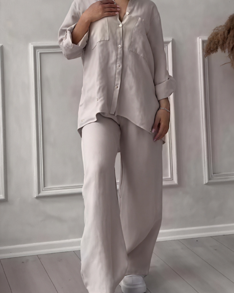 Leonsia Women's Outfit Set – 2-Piece Shirt & Wide-Leg Pants, Casual Chic Style