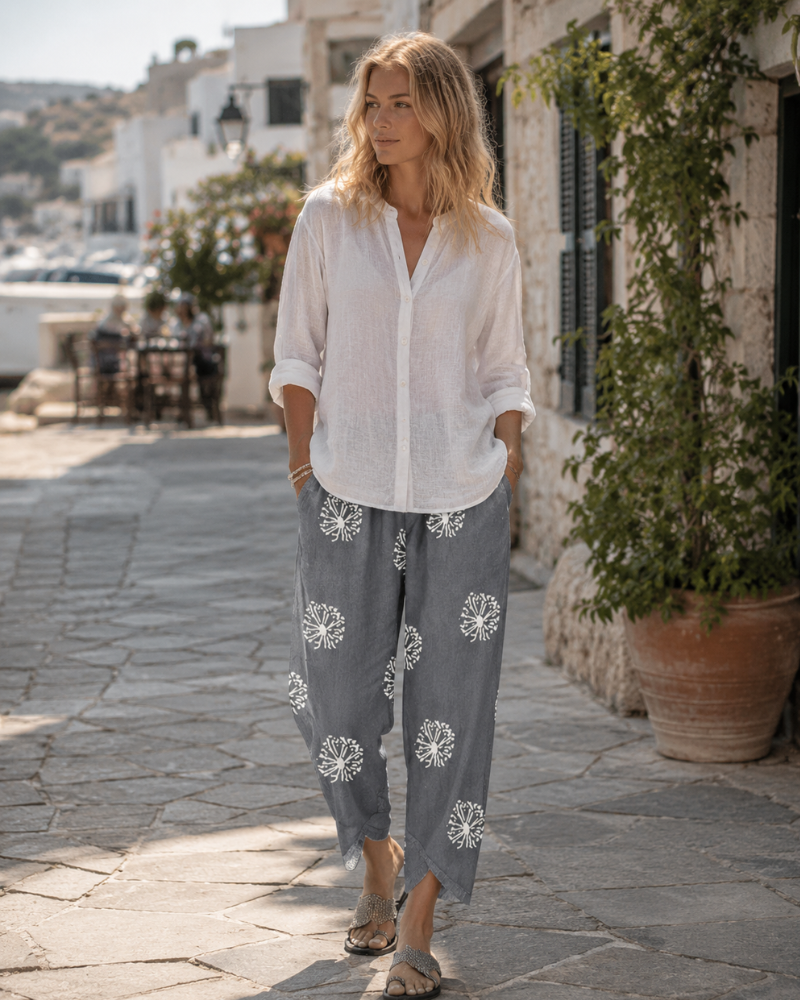 Lea Pants for Women – Linen Cotton Capri, Wide Leg, Elastic Waist & Pockets