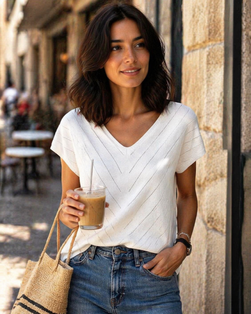 Orina Top for Women – Light Short-Sleeve V-Neck Sweater, Chic & Business Casual Style