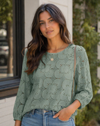 Nolia Blouse for Women – Eyelet Top with Voluminous 3/4 Sleeves, Elegant Casual Chic Style