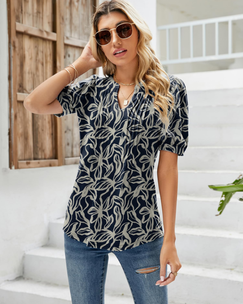 Nina Summer Blouse for Women – Floral V-Neck, Puff Sleeves & Flowy Fit