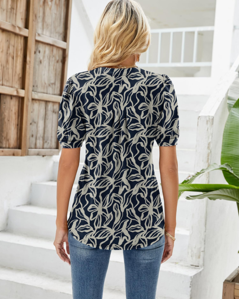 Nina Summer Blouse for Women – Floral V-Neck, Puff Sleeves & Flowy Fit