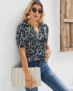 Nina Summer Blouse for Women – Floral V-Neck, Puff Sleeves & Flowy Fit
