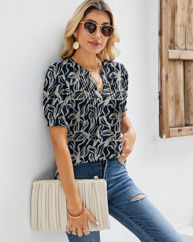 Nina Summer Blouse for Women – Floral V-Neck, Puff Sleeves & Flowy Fit