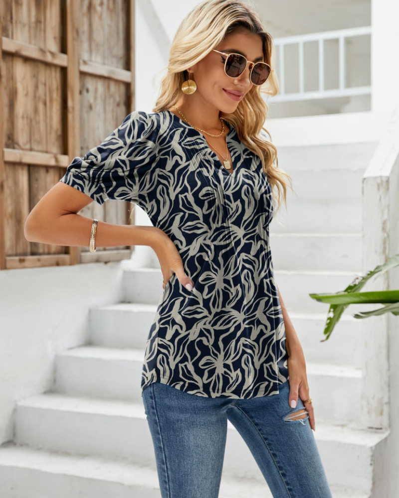 Nina Summer Blouse for Women – Floral V-Neck, Puff Sleeves & Flowy Fit