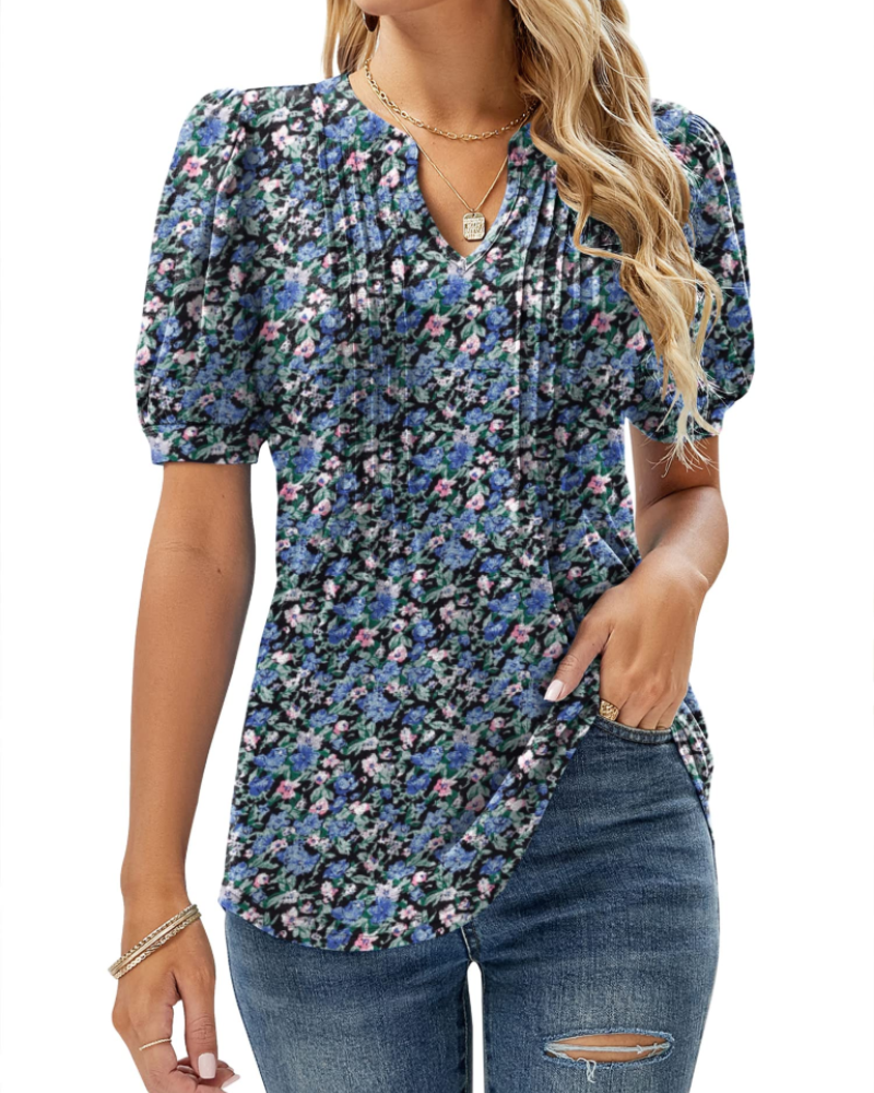 Nina Summer Blouse for Women – Floral V-Neck, Puff Sleeves & Flowy Fit