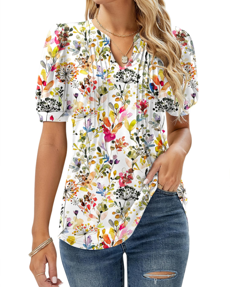Nina Summer Blouse for Women – Floral V-Neck, Puff Sleeves & Flowy Fit