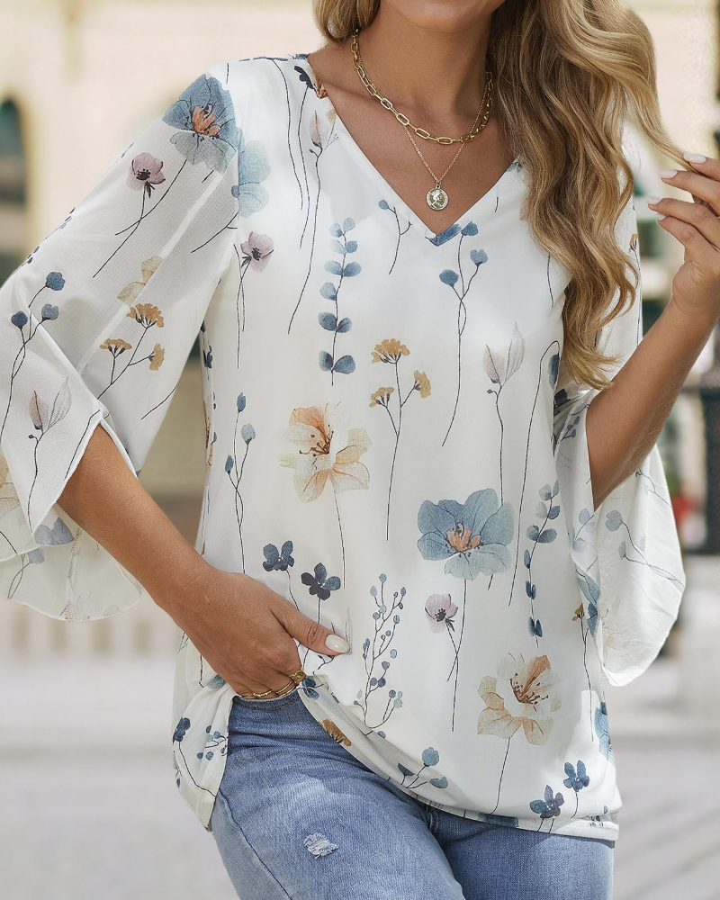 Kristine Summer Blouse for Women – Floral V-Neck, 3/4 Ruffle Sleeves, Plus Size