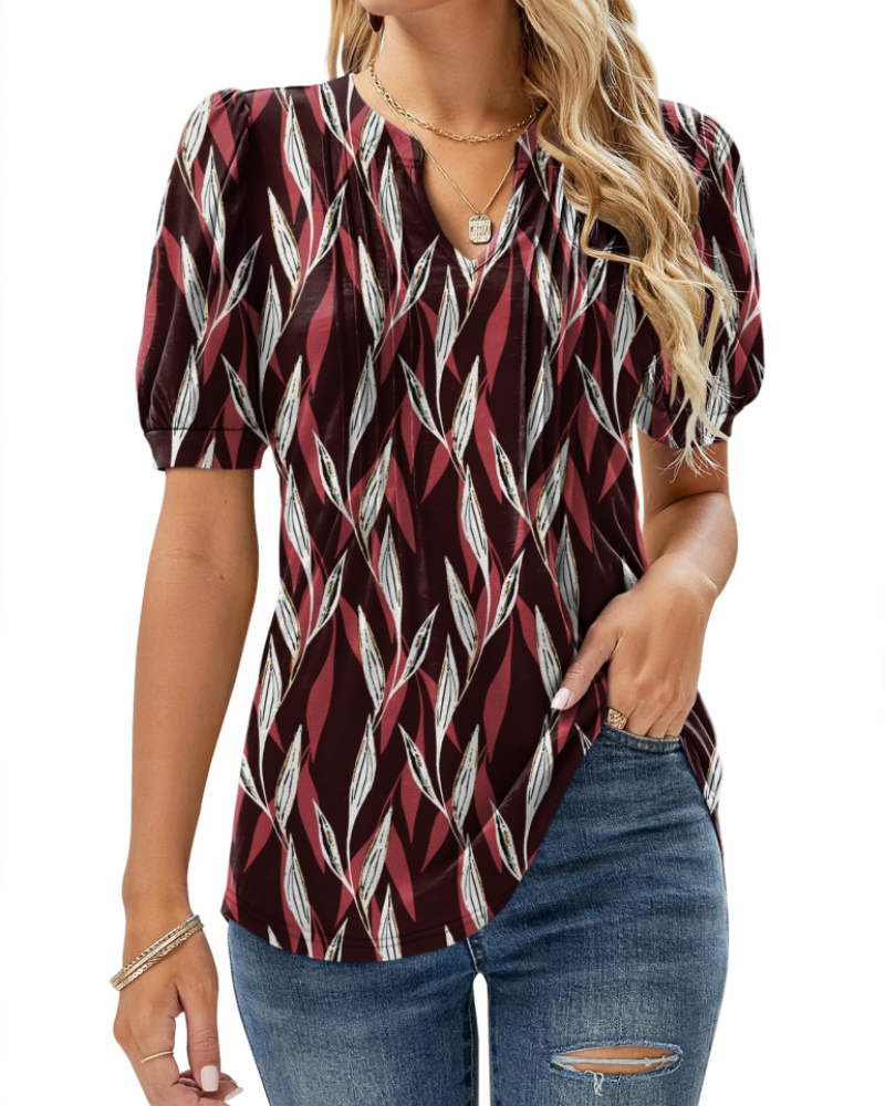 Nina Summer Blouse for Women – Floral V-Neck, Puff Sleeves & Flowy Fit
