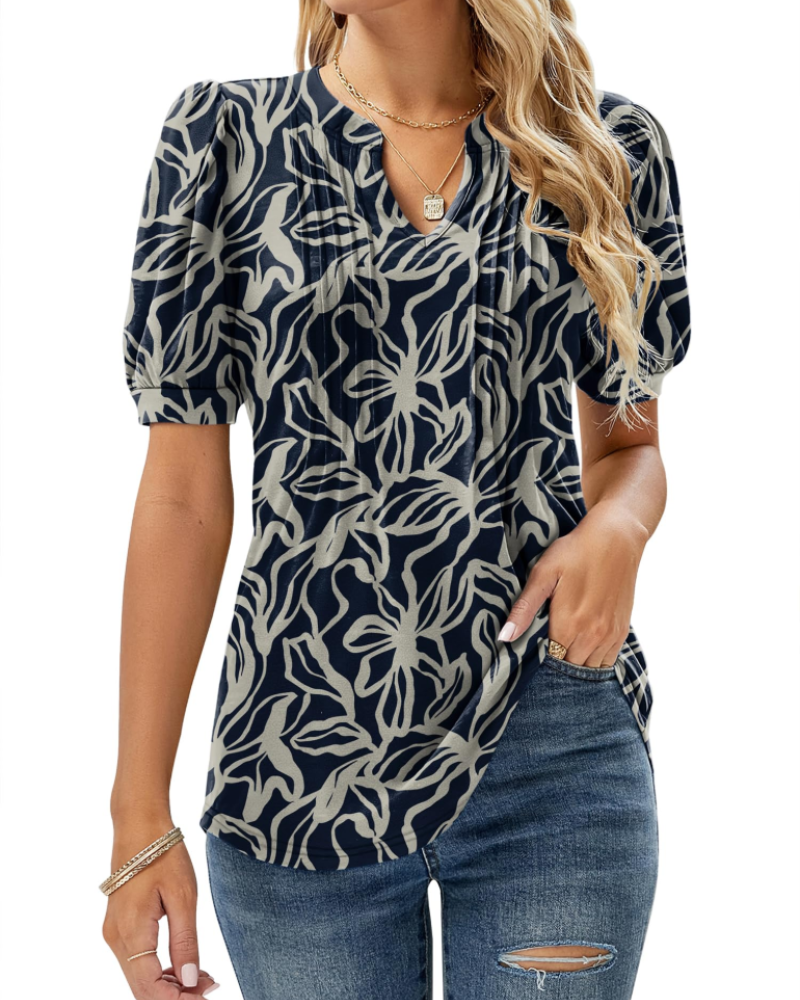 Nina Summer Blouse for Women – Floral V-Neck, Puff Sleeves & Flowy Fit