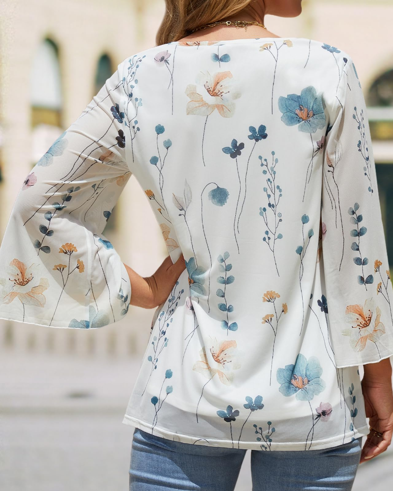 Kristine Summer Blouse for Women – Floral V-Neck, 3/4 Ruffle Sleeves, Plus Size
