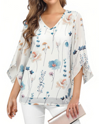 Kristine Summer Blouse for Women – Floral V-Neck, 3/4 Ruffle Sleeves, Plus Size