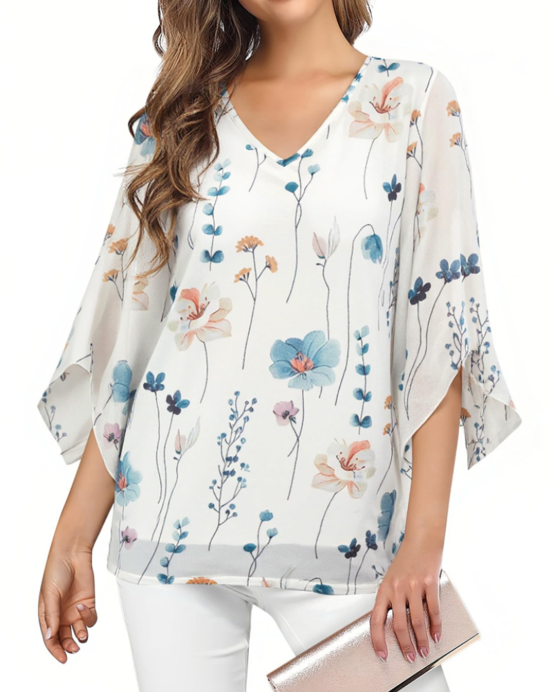 Kristine Summer Blouse for Women – Floral V-Neck, 3/4 Ruffle Sleeves, Plus Size